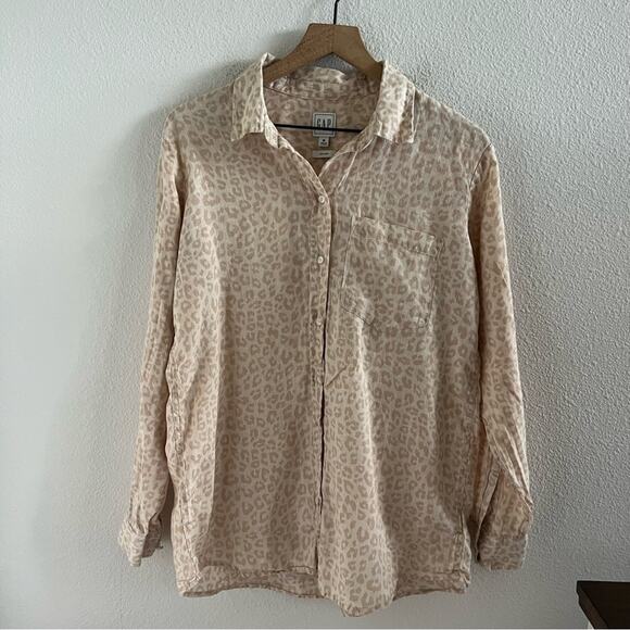 GAP 100% Linen Neutral Leopard Long Sleeve Button Front Top Blouse Shirt Medium - Picture 1 of 5
